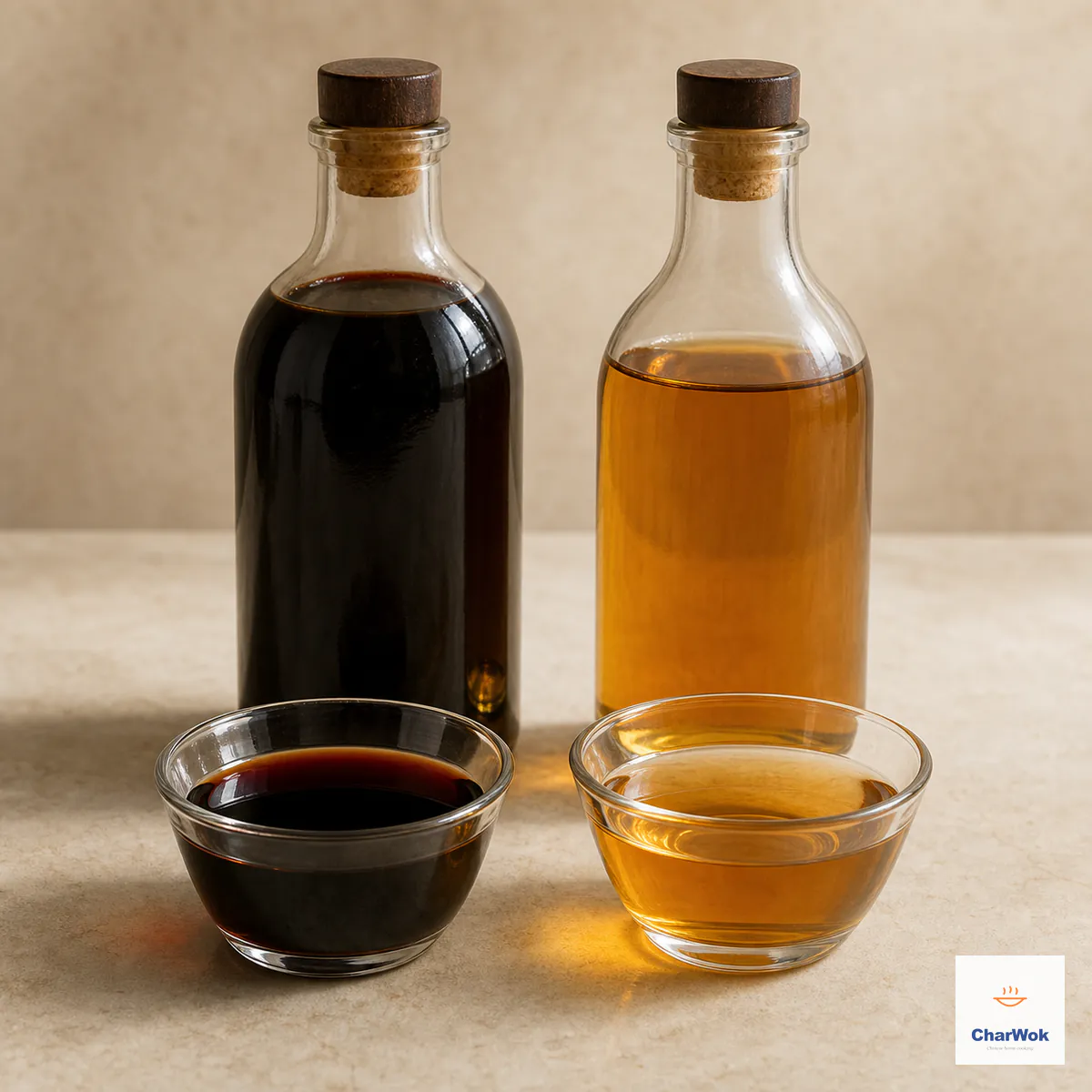 Deep brown-black rice vinegar and clear golden-amber Shaoxing rice wine in separate unbranded bottles and glass cups