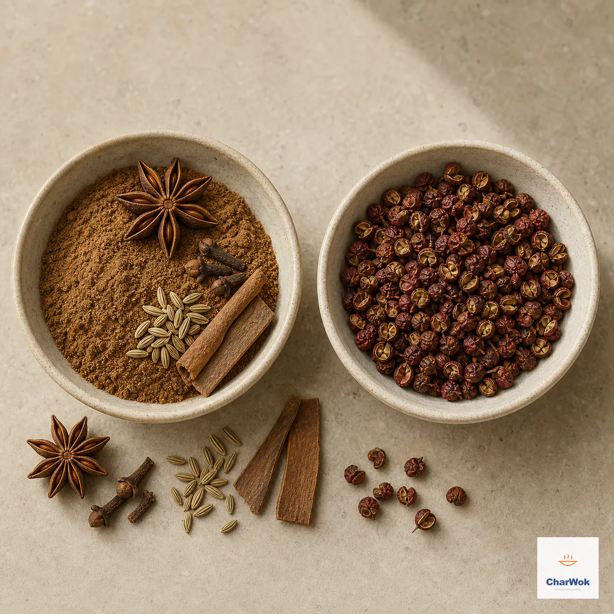 Warm brown five-spice powder with star anise, cassia, fennel, and cloves beside a separate bowl of red wrinkled Sichuan peppercorn husks
