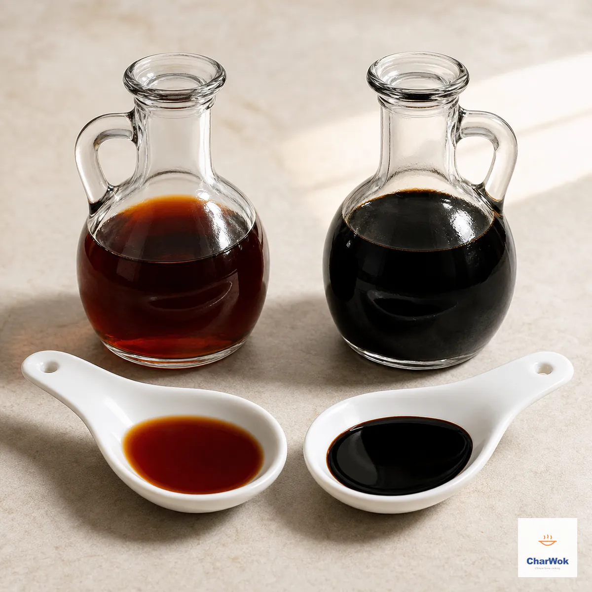 Light soy sauce and dark soy sauce shown side by side, with thin translucent reddish-brown light soy on the left and thicker glossy near-black dark soy on the right