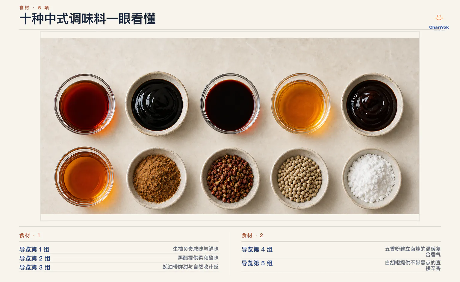 简中总览图标示十种中式调味料:生抽、老抽、黑醋、绍兴酒、蚝油、麻油、五香粉、花椒、白胡椒与玉米淀粉