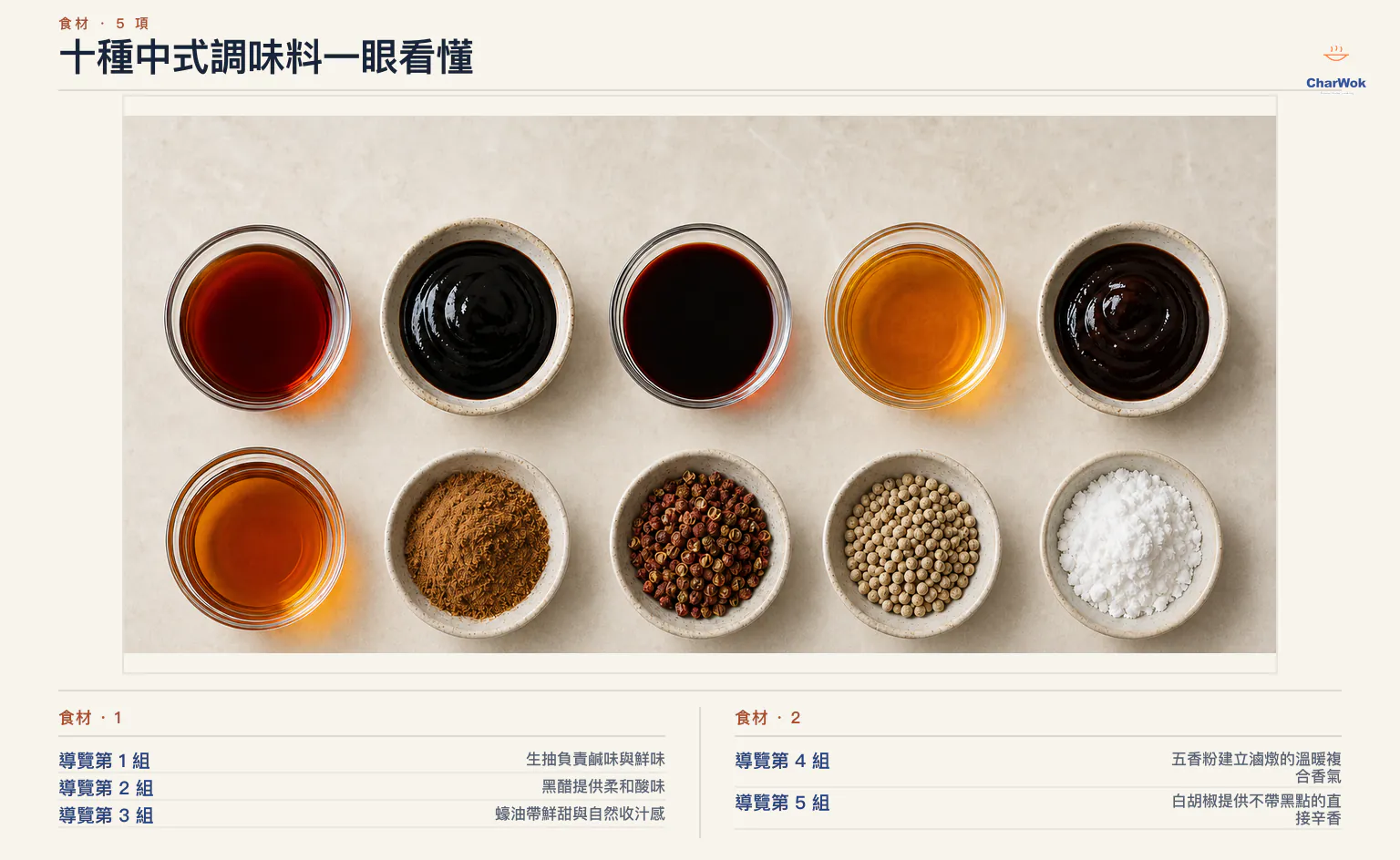 繁中總覽圖標示十種中式調味料:生抽、老抽、黑醋、紹興酒、蠔油、麻油、五香粉、花椒、白胡椒與太白粉