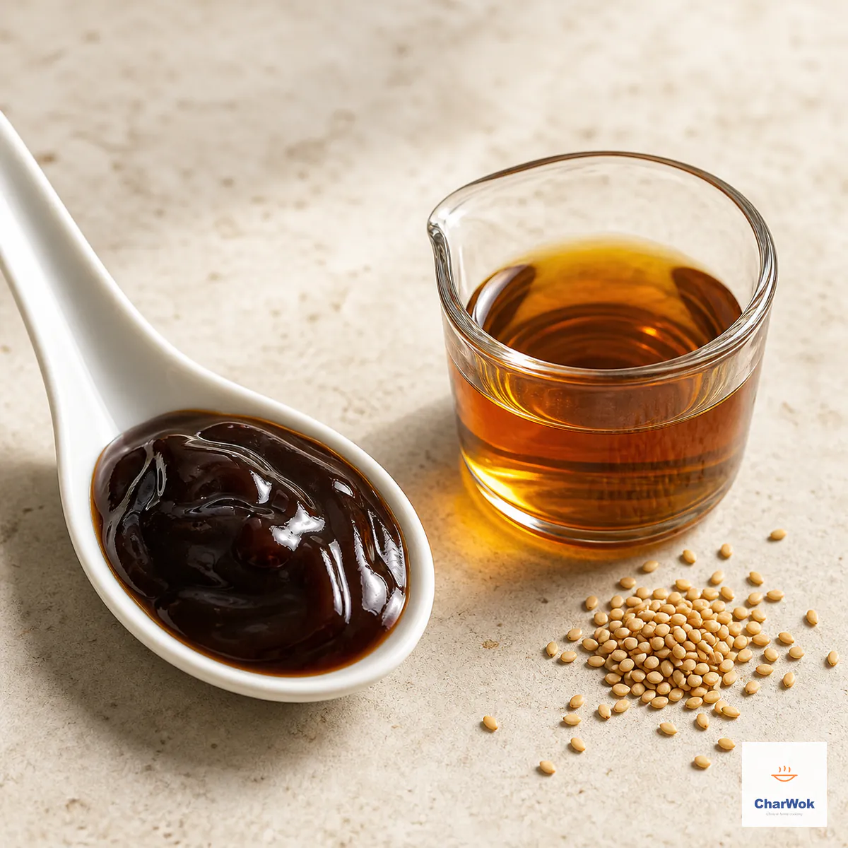 Thick glossy dark-brown oyster sauce on a ceramic spoon beside clear warm-amber toasted sesame oil and a small scatter of toasted sesame seeds