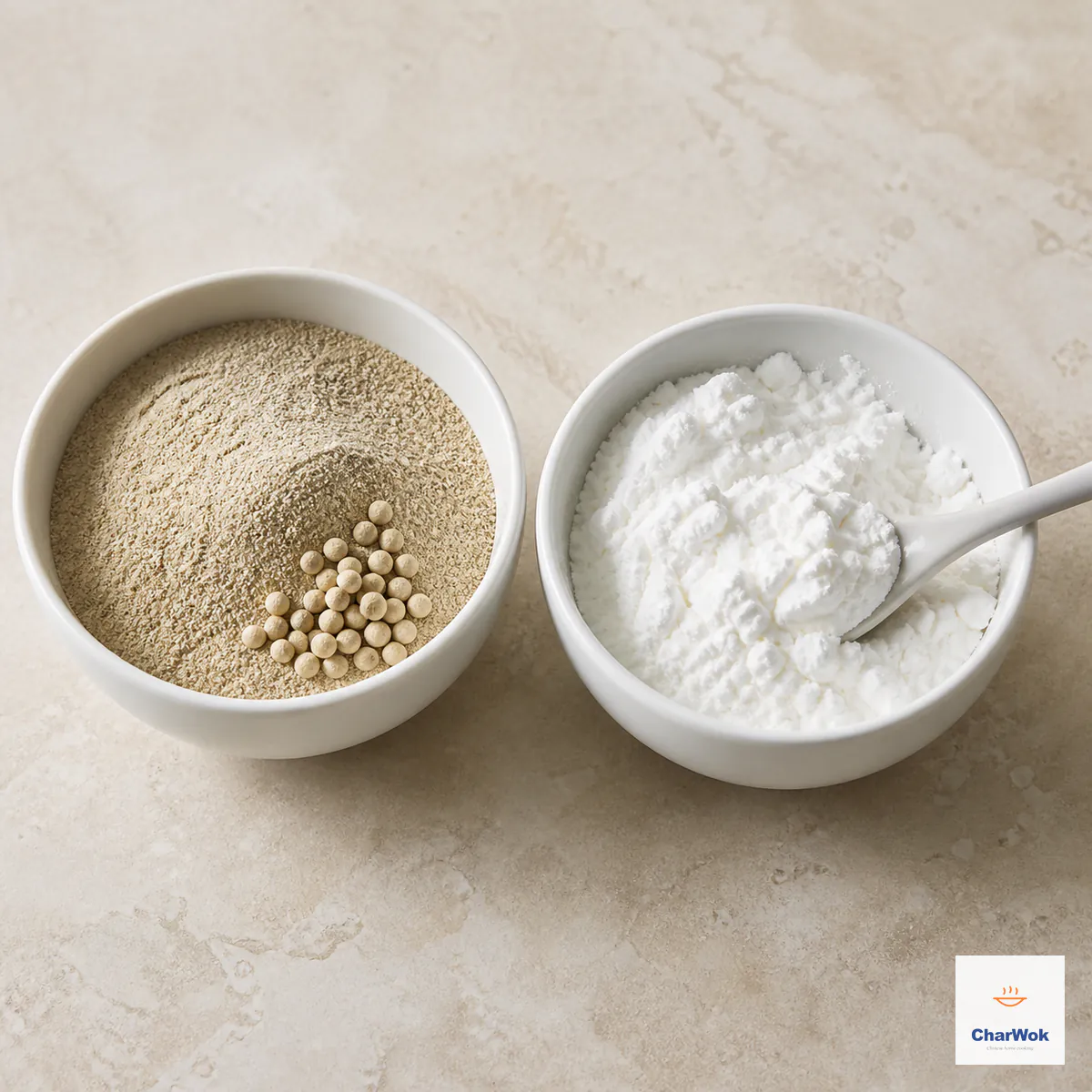 Pale beige ground white pepper with whole ivory peppercorns beside a separate bowl of bright white cornstarch and a spoon