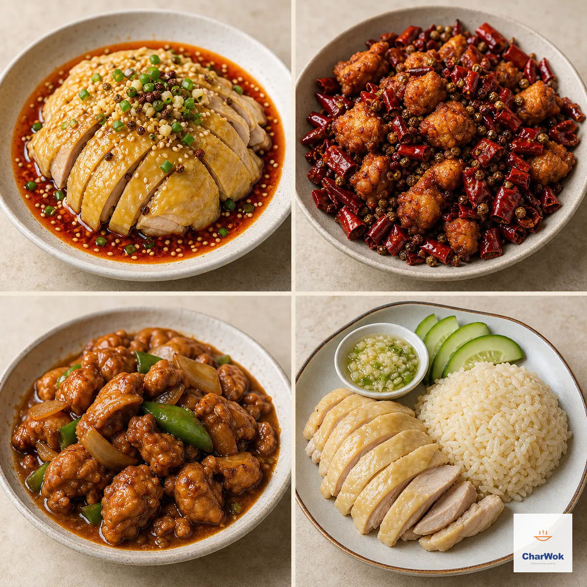 Four-panel comparison of sliced mouth-watering chicken in chili oil, dry crispy Chongqing mala chicken among chilies, Sha Cha chicken, and Hainanese chicken with seasoned rice