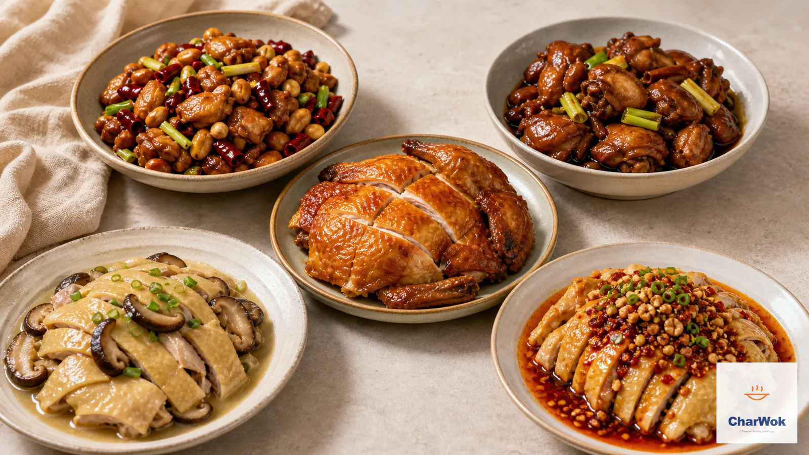 Five Chinese chicken dishes arranged as one feast: Kung Pao chicken, soy-braised chicken, five-spice roast chicken, steamed chicken with shiitake mushrooms, and sliced mouth-watering chicken in chili oil