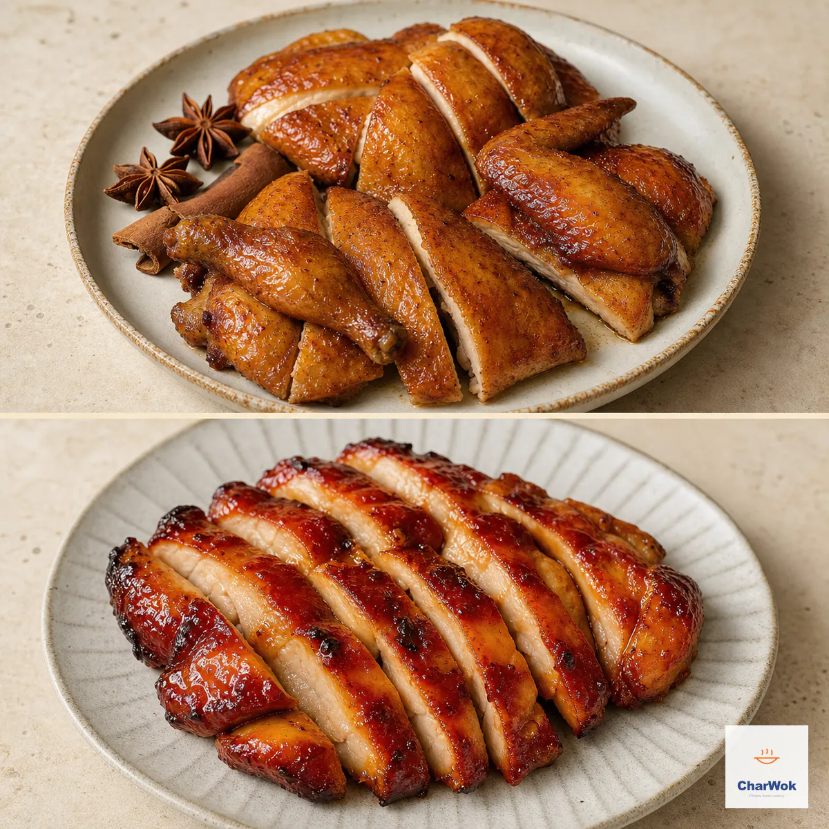 Two-panel comparison of golden five-spice roast chicken with crisp skin and sliced red-mahogany char siu chicken thigh
