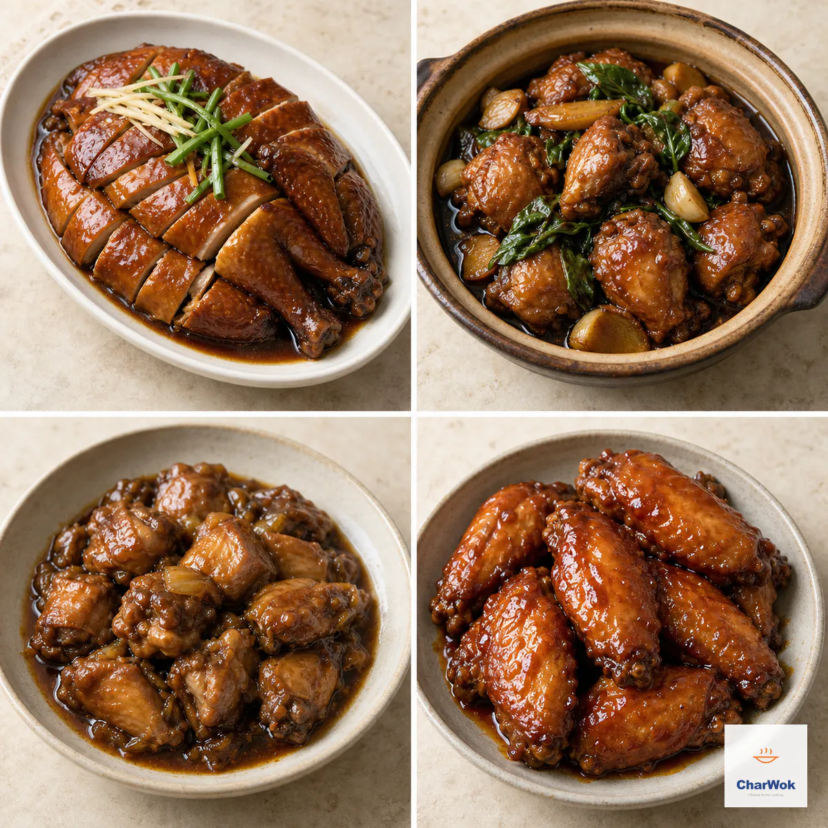 Four-panel comparison of lacquered soy sauce chicken, basil and garlic three cup chicken, home-style oyster sauce chicken, and sticky Coca-Cola chicken wings