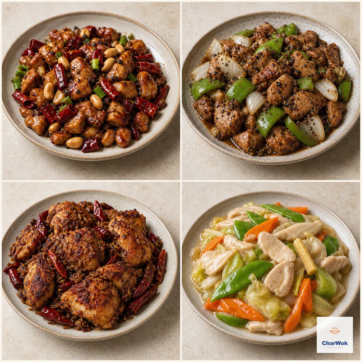 Four-panel comparison of Kung Pao chicken with peanuts and chilies, black pepper chicken with peppers and onion, chili cumin chicken thighs, and pale glossy chicken chop suey with vegetables
