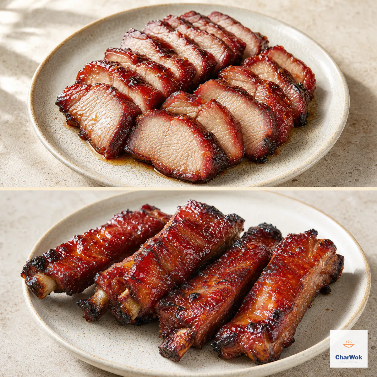 Two-panel comparison of sliced red-mahogany char siu and sticky Chinese BBQ pork ribs with visible bones