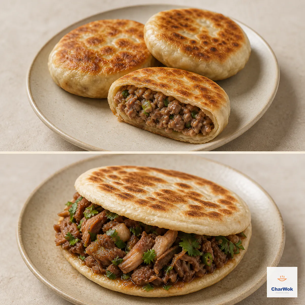 Two-panel comparison of blistered pan-fried Chinese pork meat pies and a rou jia mo filled with chopped long-braised pork