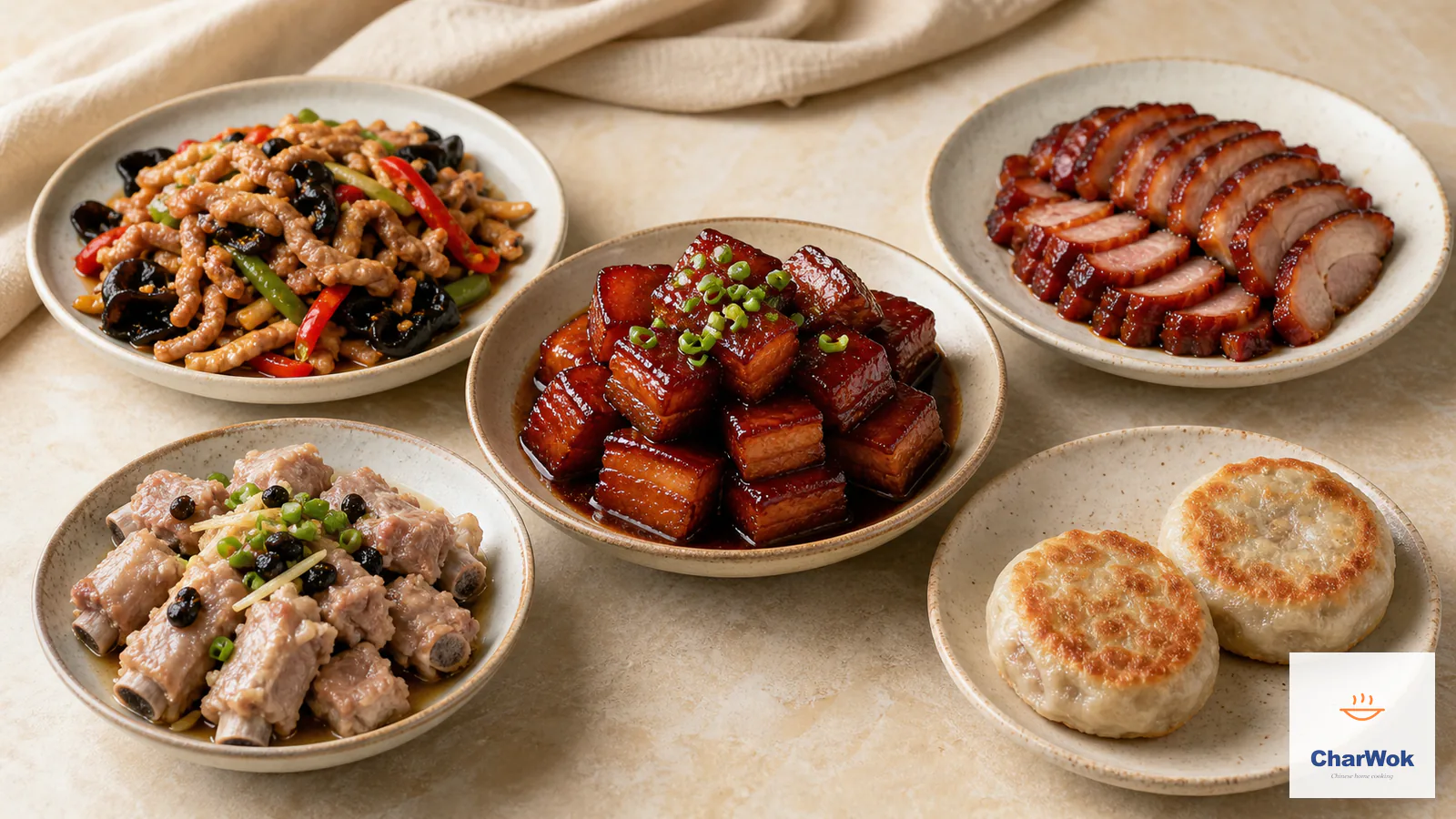 Five Chinese pork dishes arranged as one feast: Yu Xiang shredded pork, red-braised pork belly, sliced char siu, steamed ribs with black beans, and pan-fried pork meat pies
