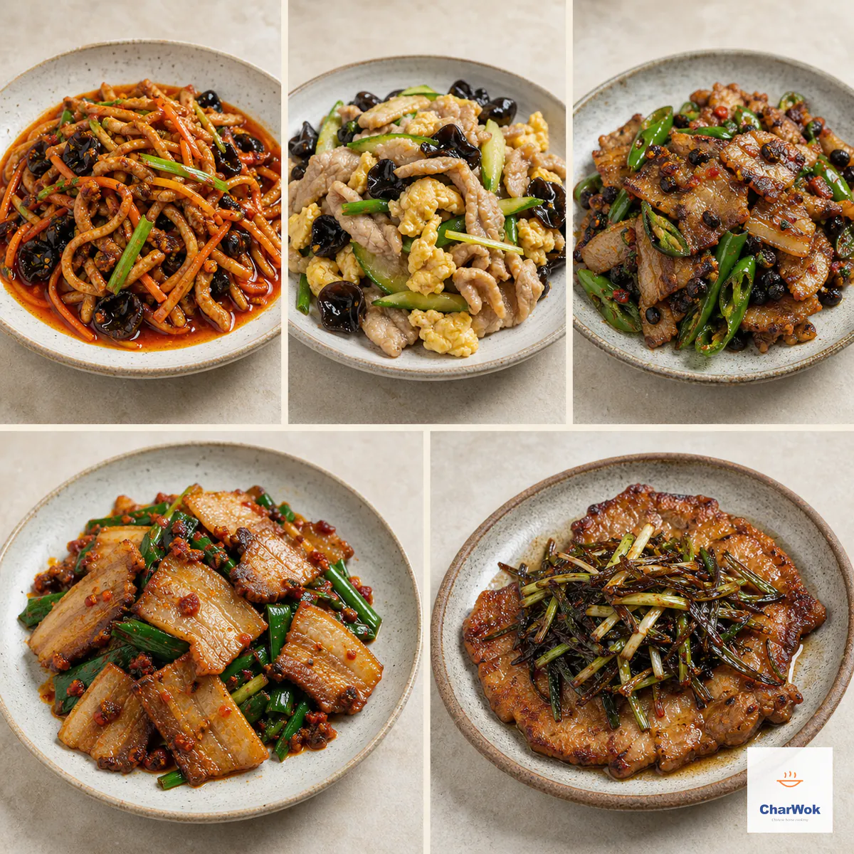 Five-panel comparison of Yu Xiang shredded pork, moo shu pork, Hunan pork stir-fry, twice-cooked pork, and scallion pork chops