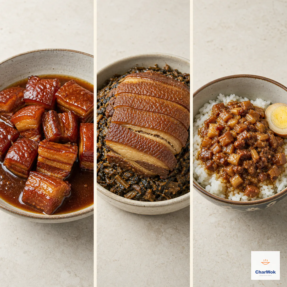 Three-panel comparison of glossy red-braised pork belly cubes, sliced mei cai kou rou over preserved mustard greens, and lu rou fan over rice