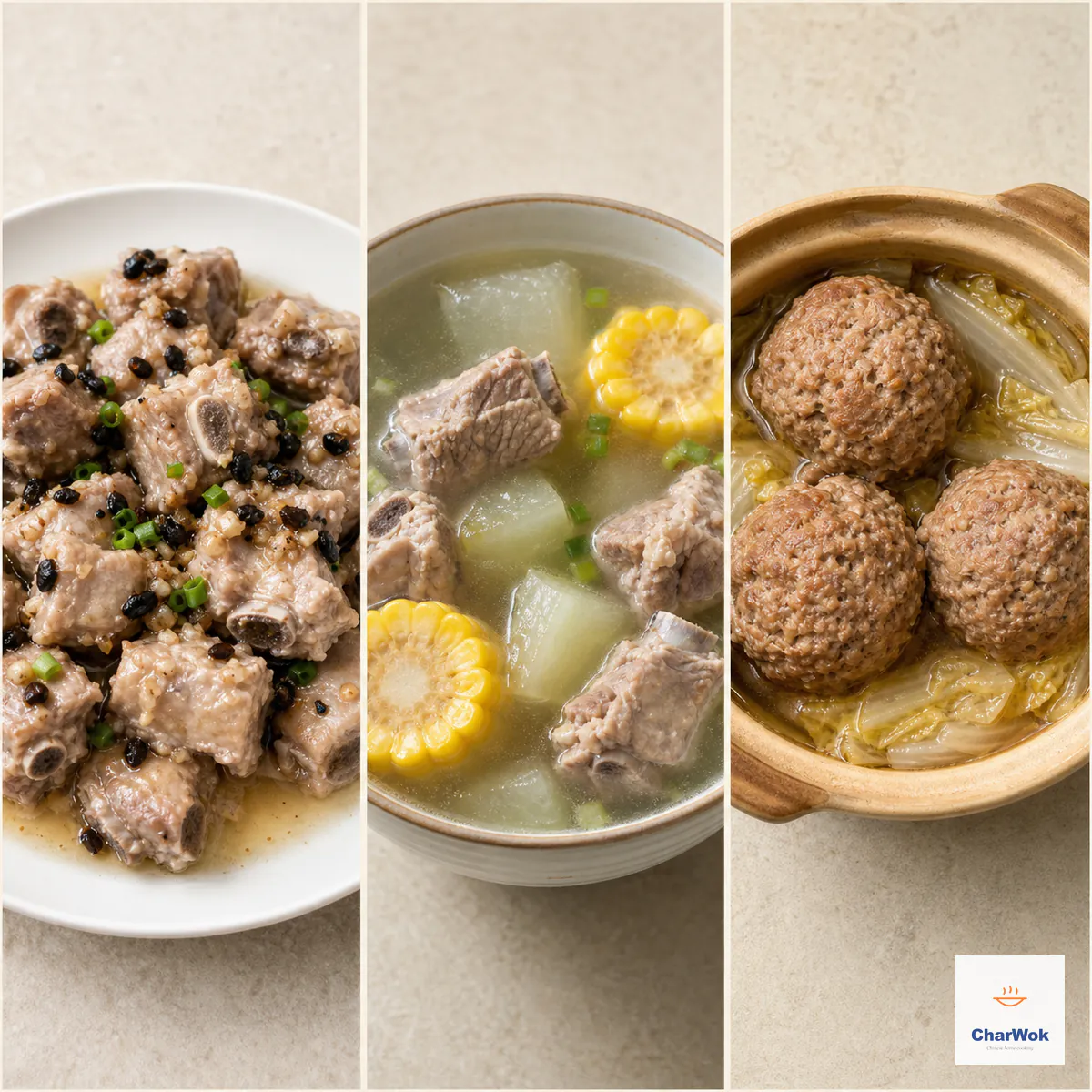 Three-panel comparison of steamed ribs with fermented black beans, clear pork rib soup with corn and winter melon, and Lion’s head meatballs with napa cabbage