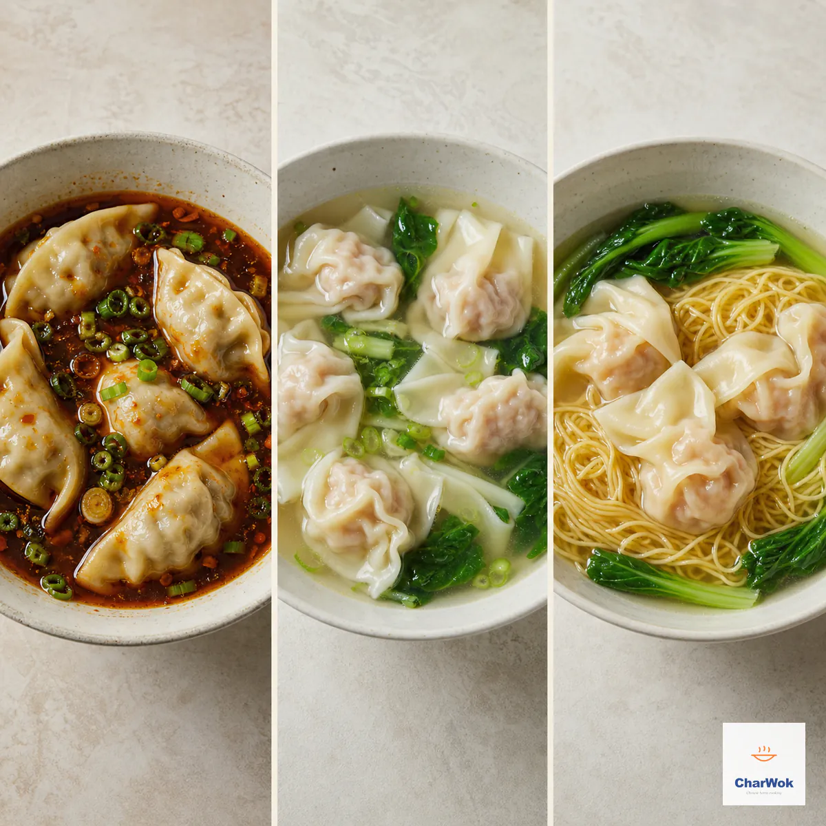 Three-panel comparison of beef dumplings in hot and sour soup, pork wontons in clear broth, and Cantonese wonton noodle soup