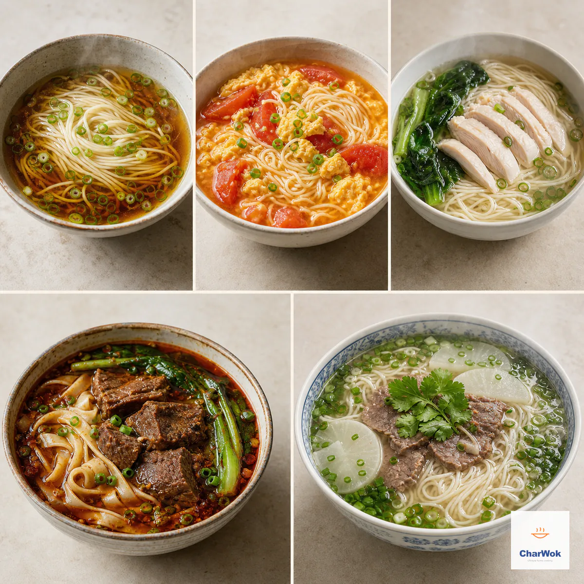 Five-panel comparison of Yang Chun Mian, tomato egg noodle soup, chicken noodle soup, spicy beef noodle soup, and Lanzhou beef noodle soup