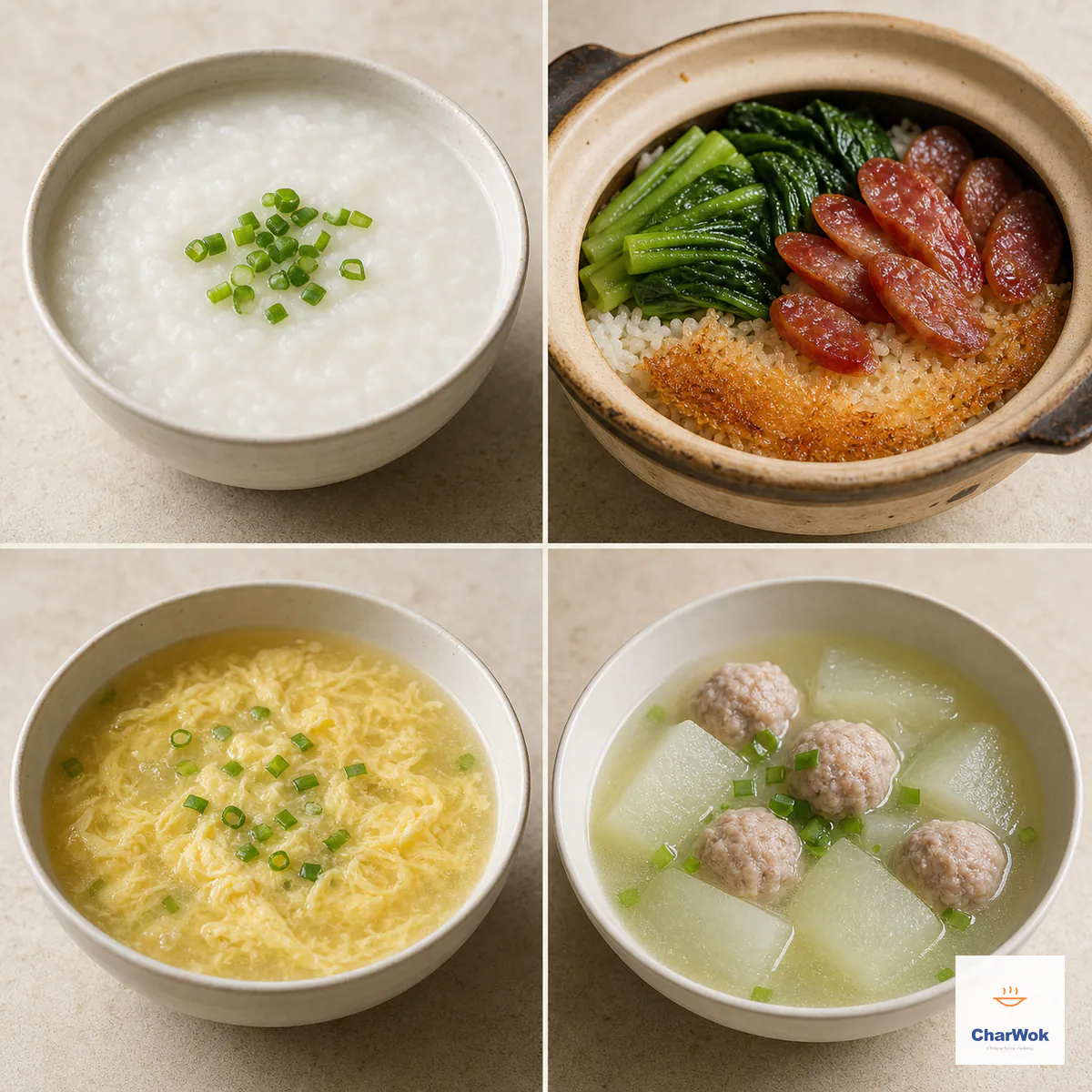 Four-panel comparison of plain congee, Cantonese clay-pot rice, egg drop soup, and winter melon soup with pork meatballs