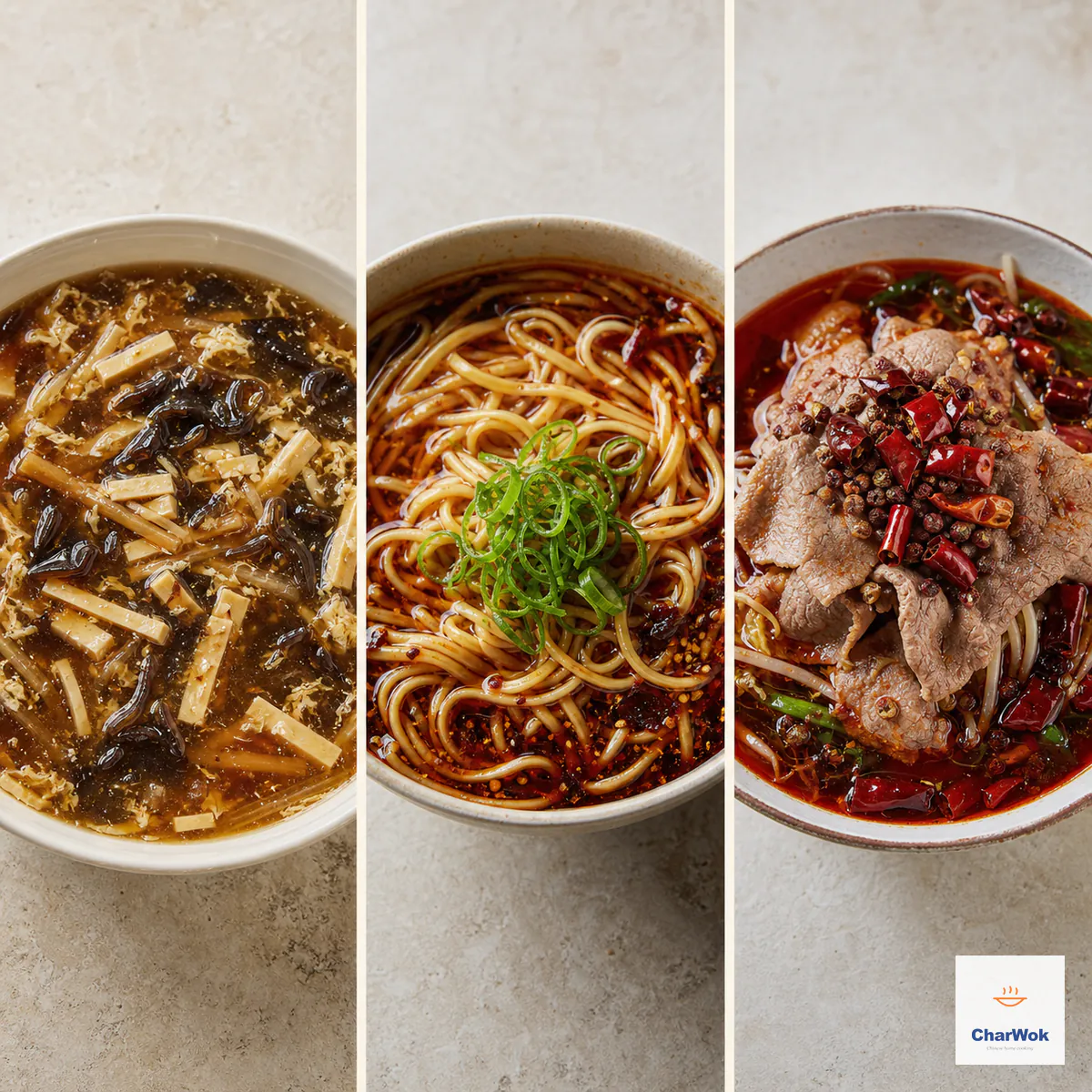 Three-panel comparison of hot and sour soup, hot and sour wheat noodles, and Sichuan boiled beef in red chili broth