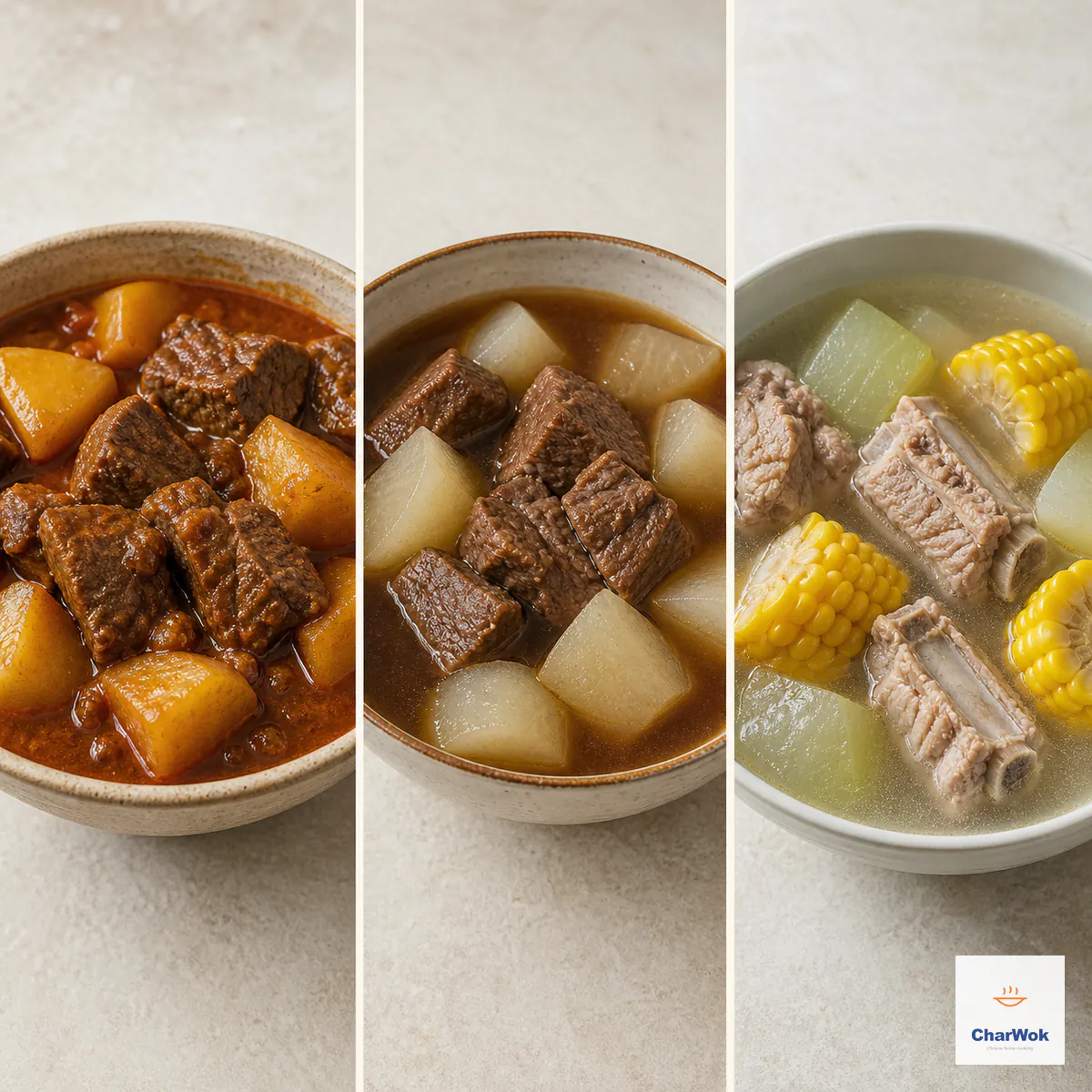 Three-panel comparison of thick beef and potato stew, cleaner beef and daikon stew, and clear pork rib soup with corn and winter melon