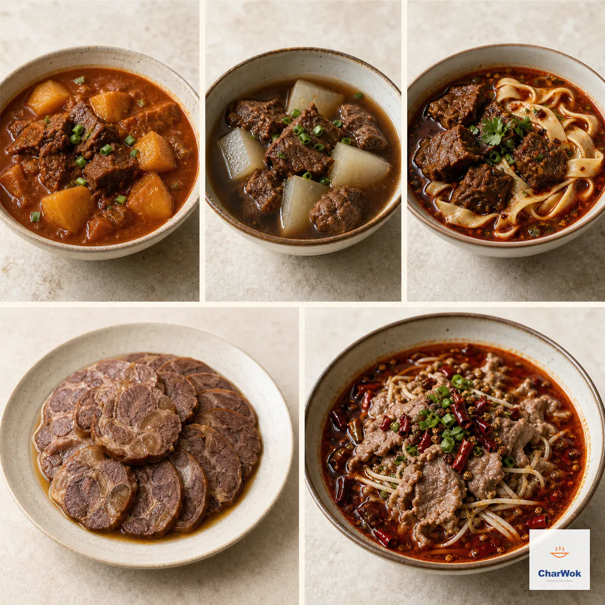 五格对照土豆炖牛肉、白萝卜炖牛肉、香辣牛肉面、切片酱牛肉与红油水煮牛肉