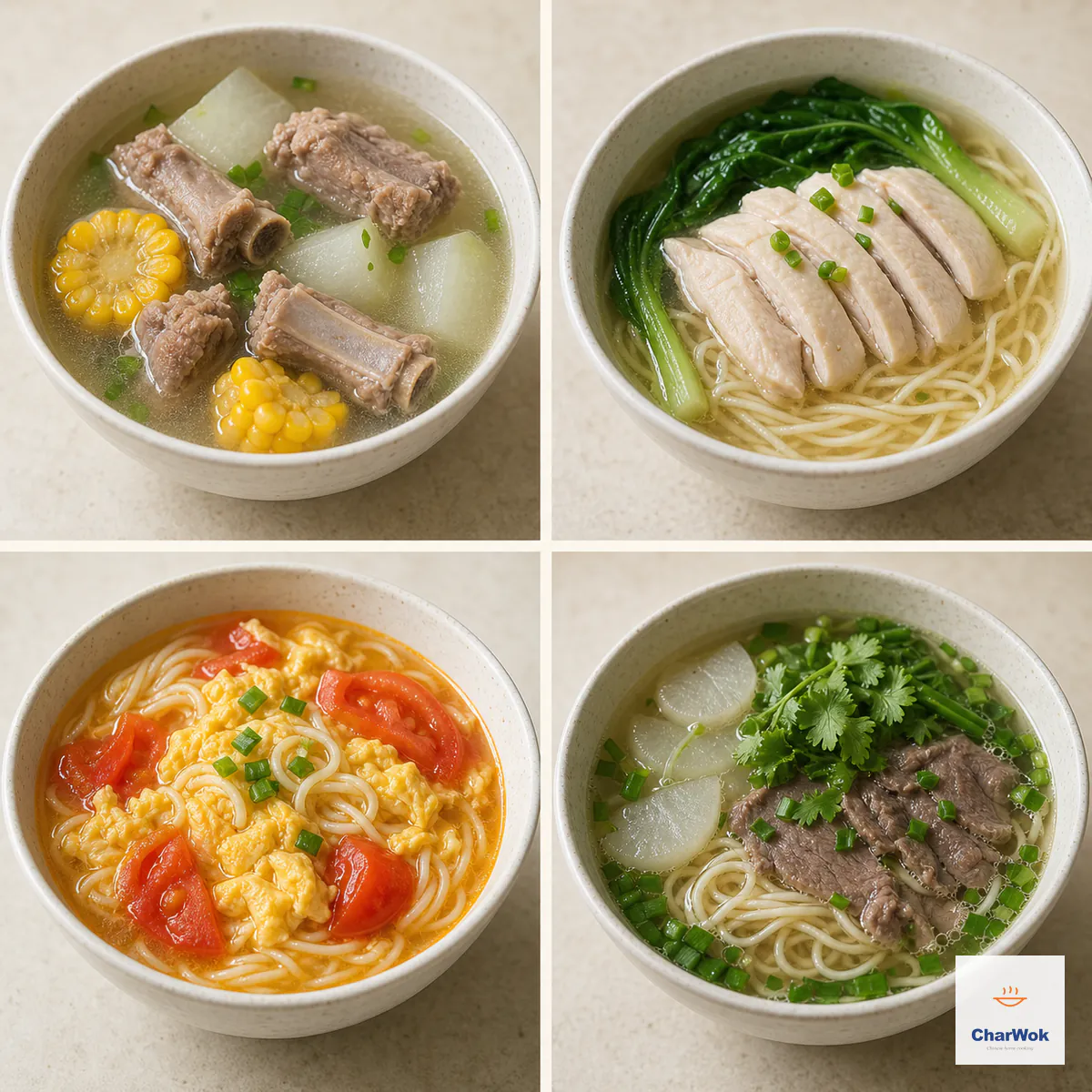 四格对照玉米冬瓜排骨清汤、鸡汤面、番茄鸡蛋面与清汤兰州牛肉面