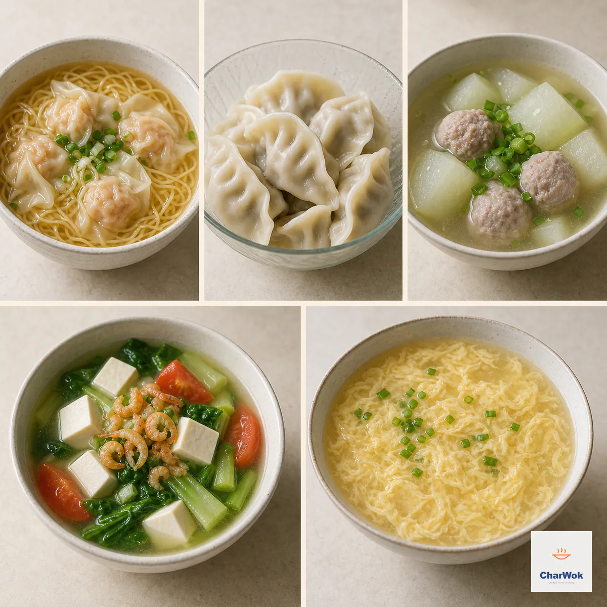 五格对照广式馄饨面、水煮饺子、冬瓜丸子汤、豆腐鲜蔬汤与细致蛋花汤