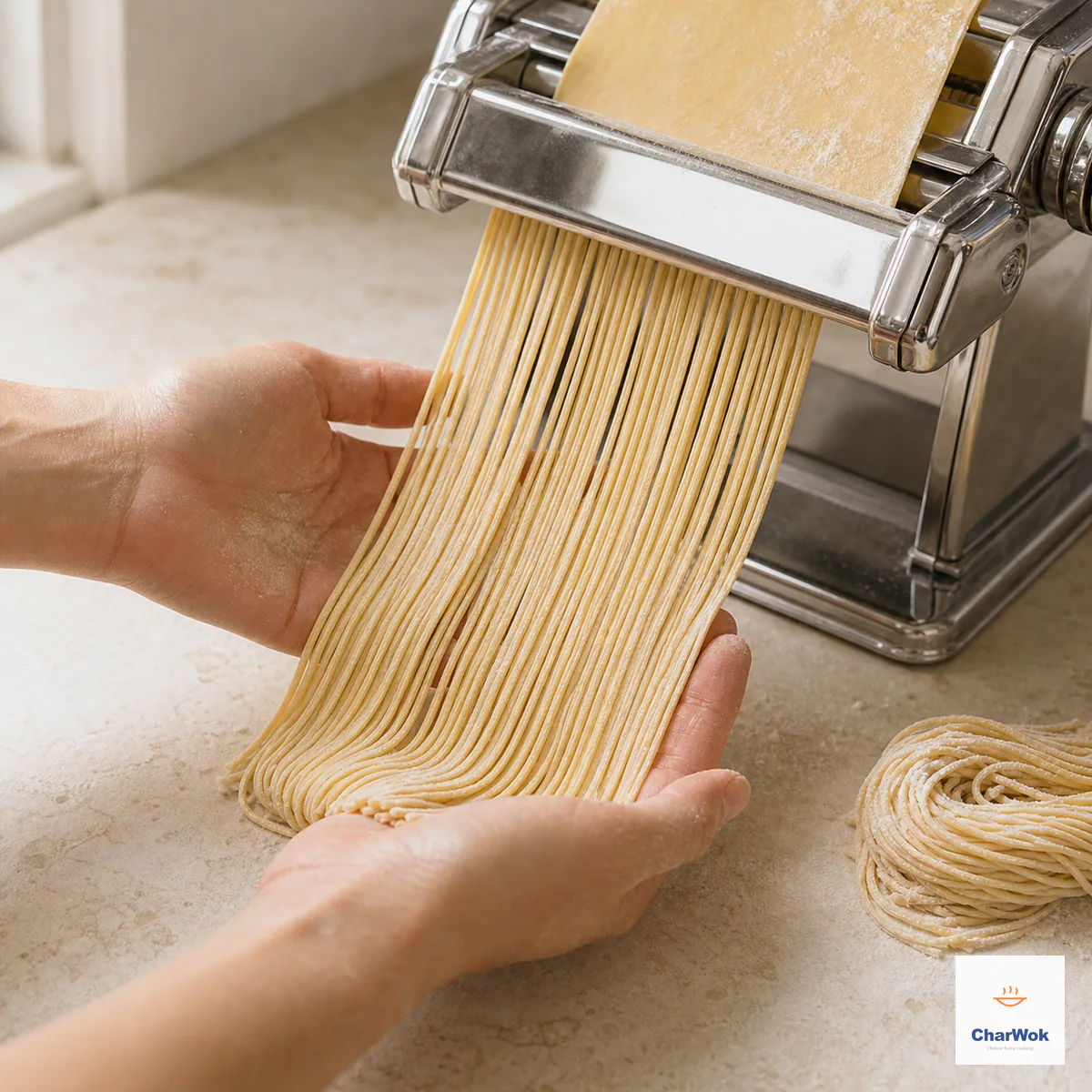 A cornstarch-dusted pale-yellow dough sheet passes through a fine round-noodle cutter while two hands catch the separate strands