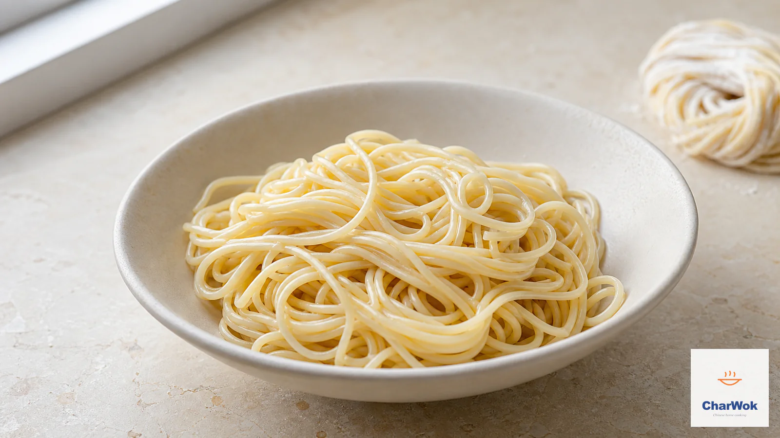 Freshly cooked homemade alkaline wheat noodles with separate pale-golden springy strands, with one small cornstarch-dusted raw noodle nest in the background