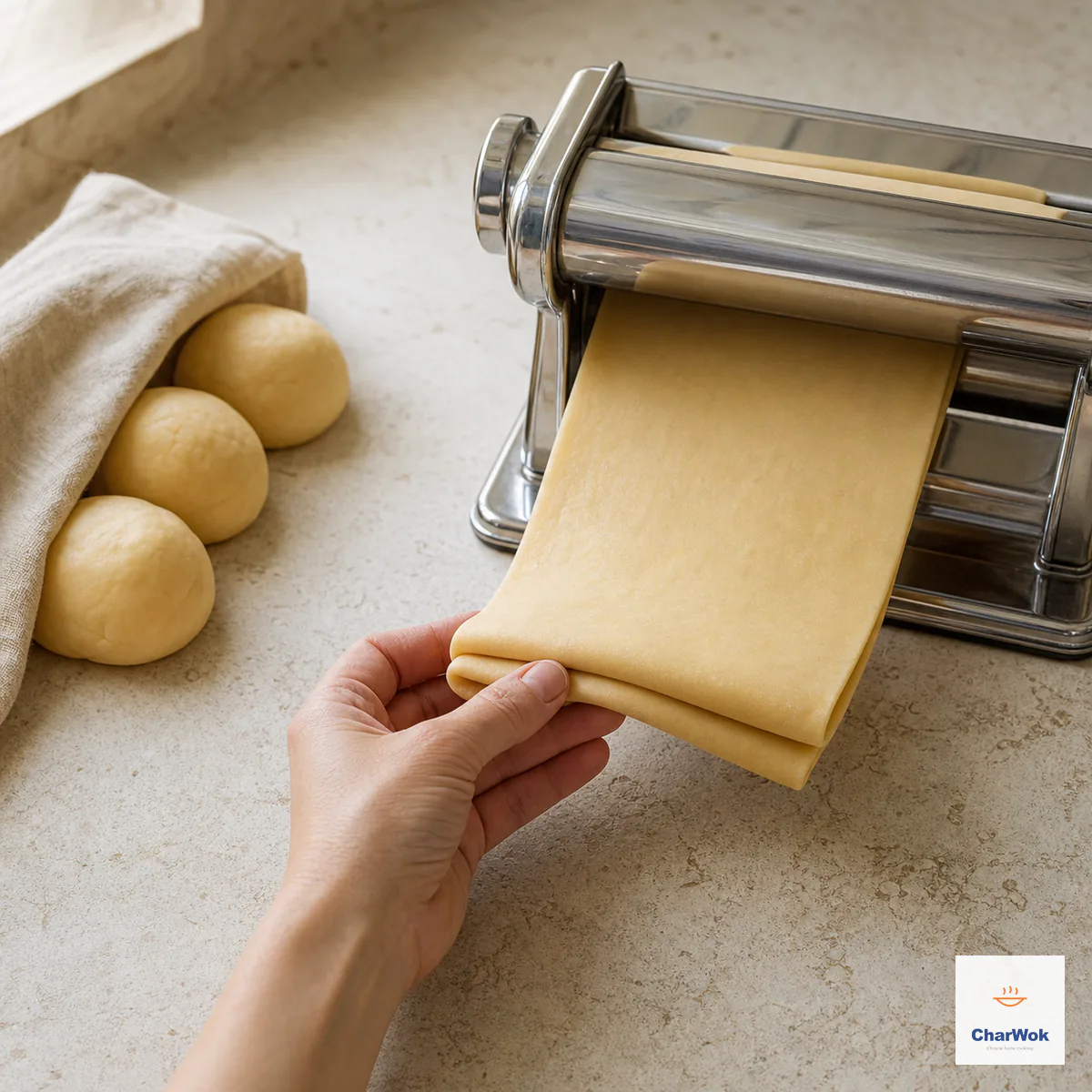 A firm pale-yellow noodle sheet is folded lengthwise and guided through the widest pasta-roller setting while three covered dough portions wait nearby