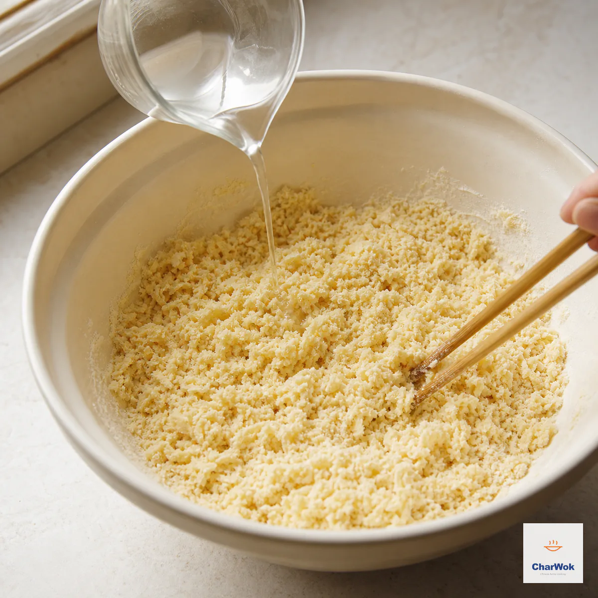 Diluted lye water pours in a thin stream while chopsticks mix flour into evenly damp pale-yellow shaggy flakes with no formed dough ball