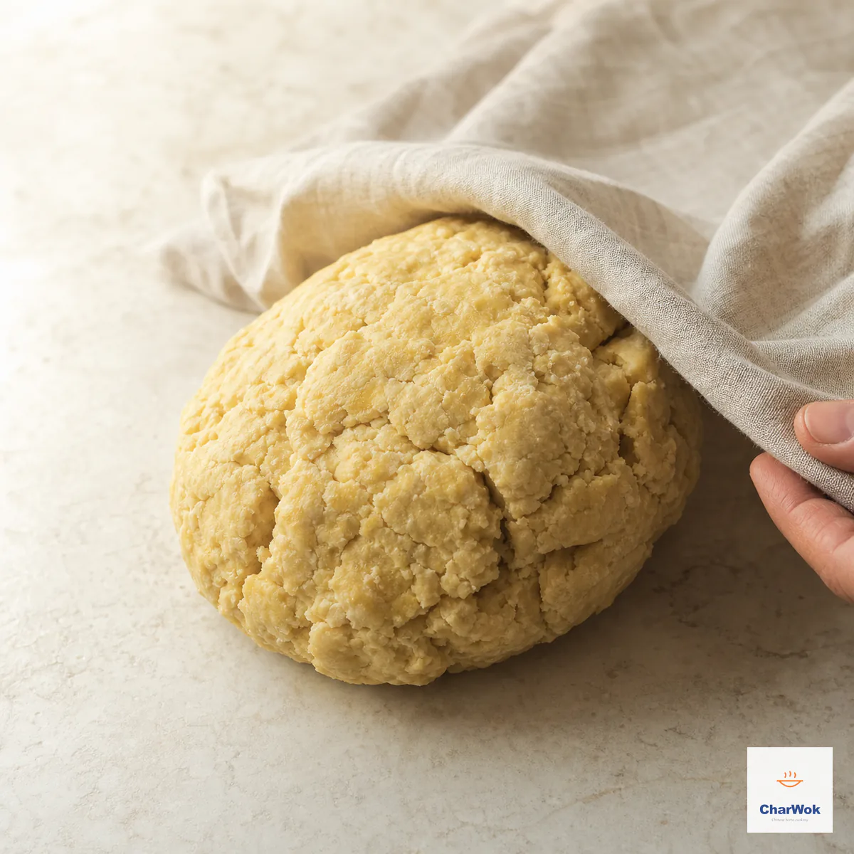 One very dry rough pale-yellow dough mass with deep irregular cracks is being covered by a damp linen cloth