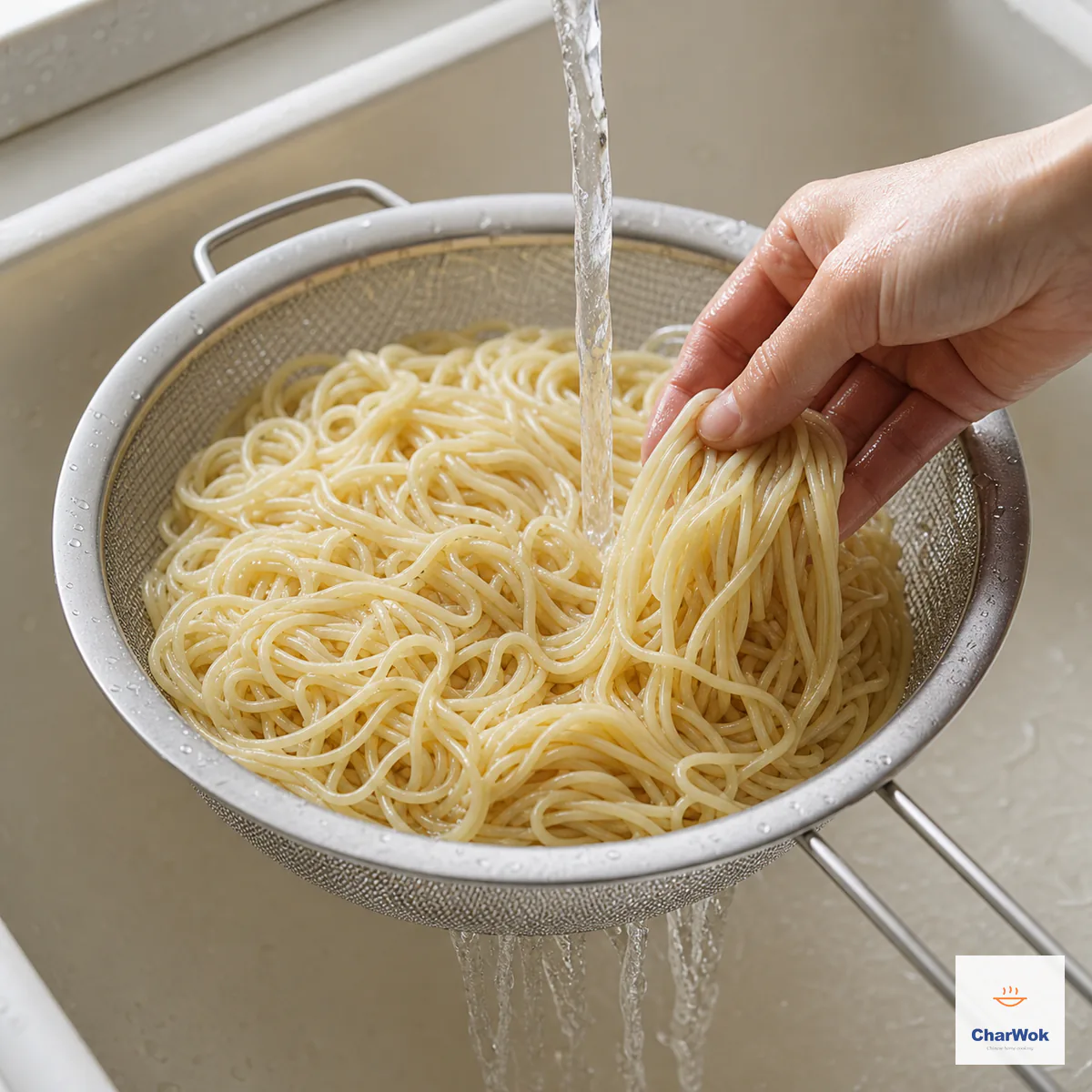 Freshly cooked pale-golden alkaline noodles are rinsed under clear running water in a fine mesh colander while one hand separates a few strands