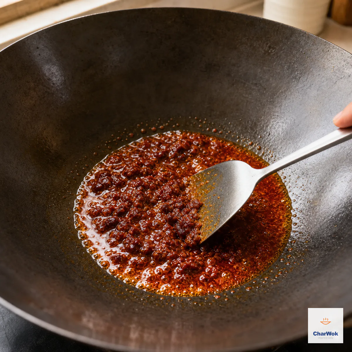 Chopped Doubanjiang and chili powder bubble in a small pool of clear glossy orange-red oil in an otherwise empty carbon-steel wok
