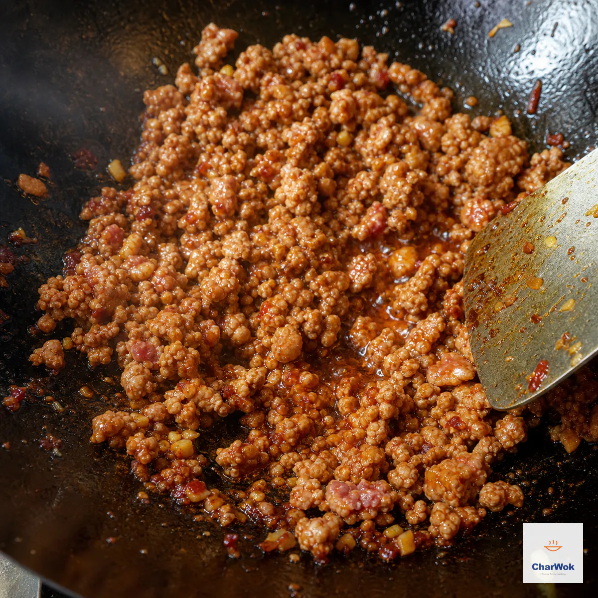 Minced pork and ginger brown into many distinct small rusty-red crumbles with a little rendered fat visible between them