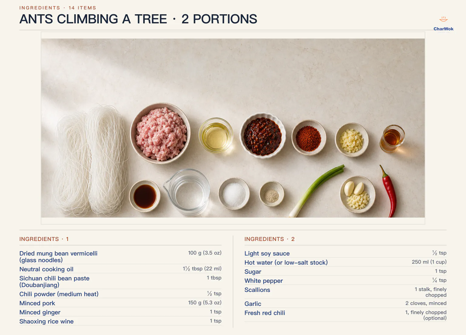 Ants Climbing a Tree ingredients labeled in English: 100 g mung-bean vermicelli, 150 g minced pork, 1 and a half tablespoons neutral oil, 1 tablespoon Doubanjiang, half a teaspoon chili powder, 1 teaspoon each ginger and Shaoxing wine, half a teaspoon light soy, 250 ml hot water, 1 teaspoon sugar, a quarter teaspoon white pepper, 1 scallion, 2 garlic cloves, and 1 optional fresh red chili