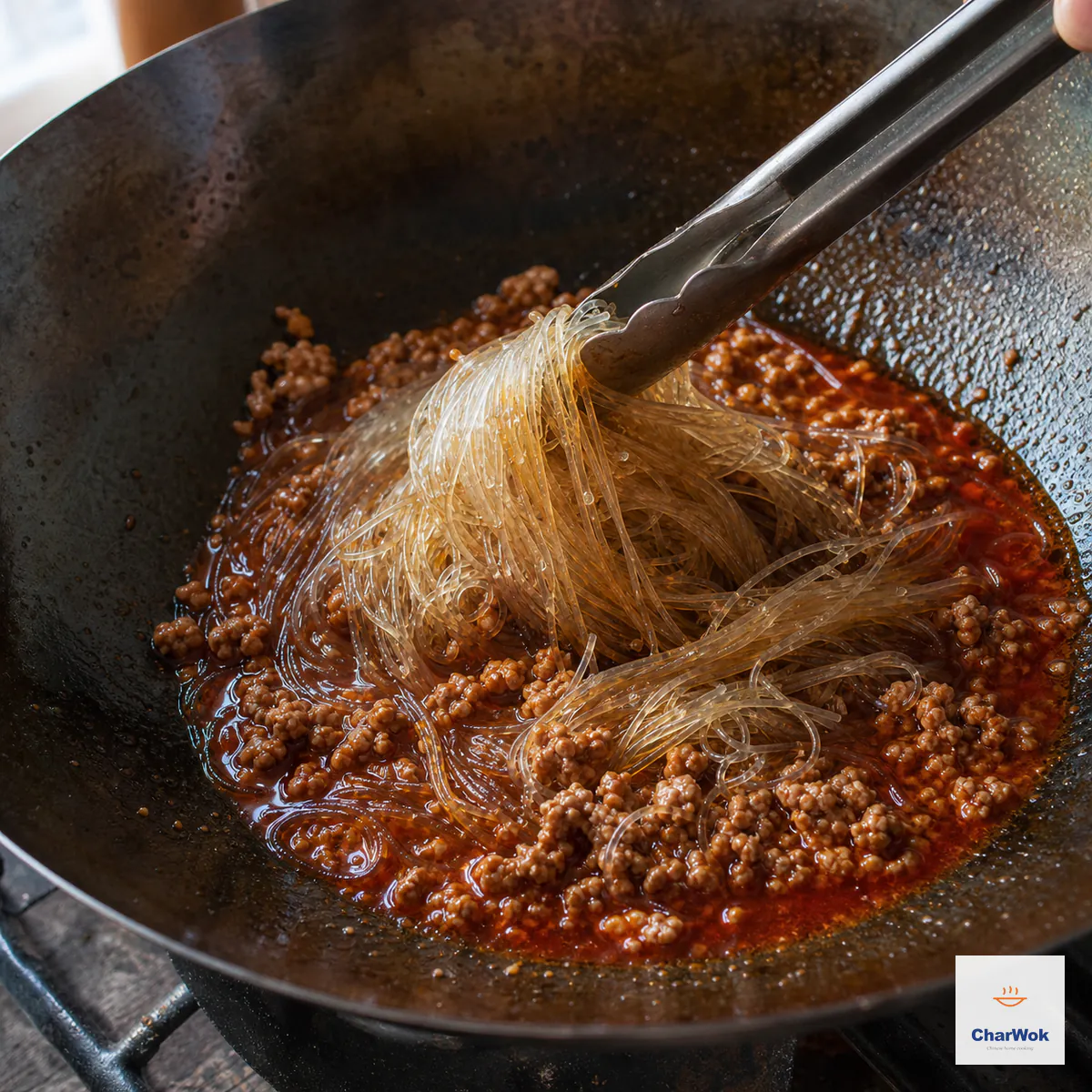 Translucent mung-bean vermicelli is lifted with tongs through an active rusty-red simmer with distinct pork crumbles and visible liquid below