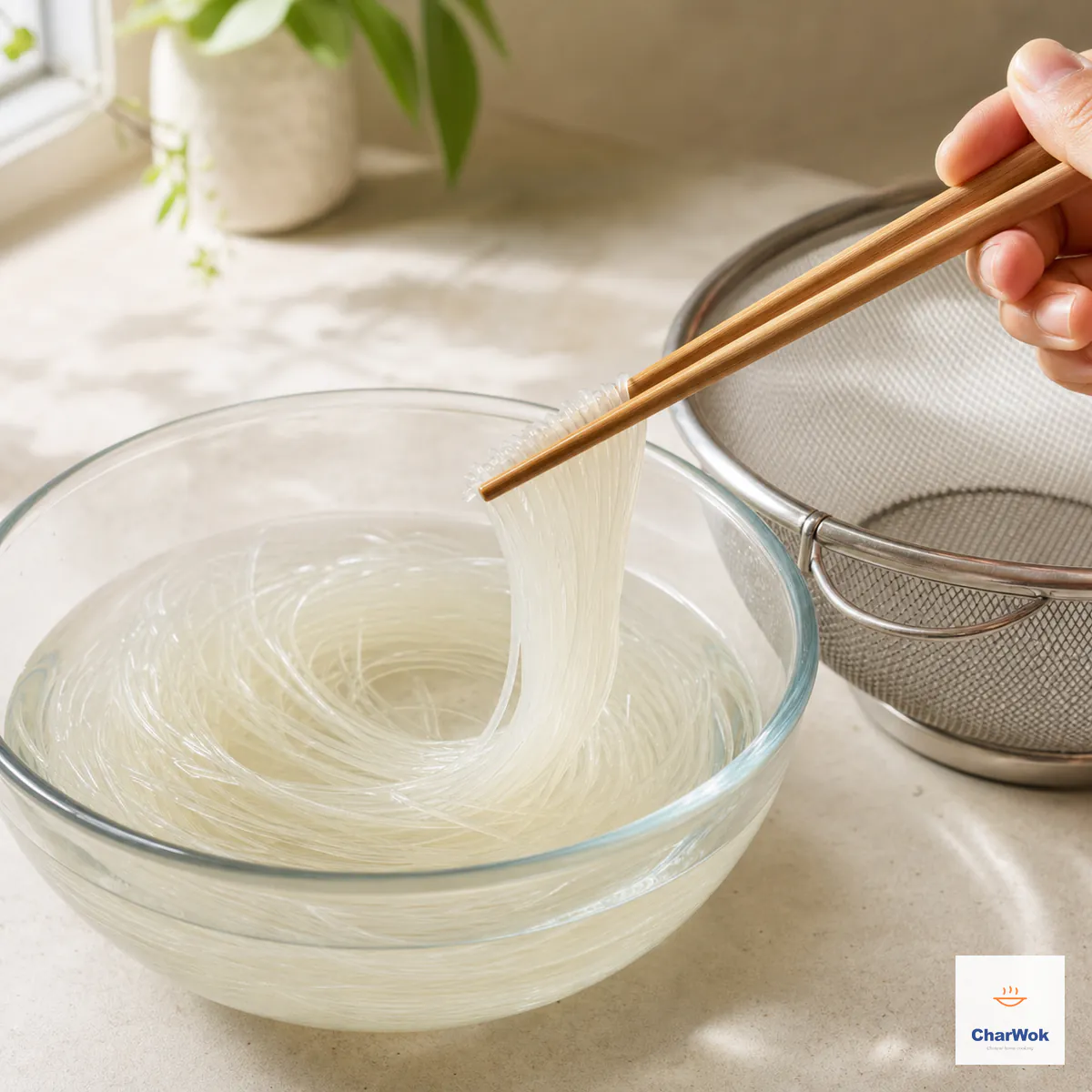 Warm-soaked mung-bean glass noodles lift pliably from clear water while a fine-mesh colander waits beside the bowl