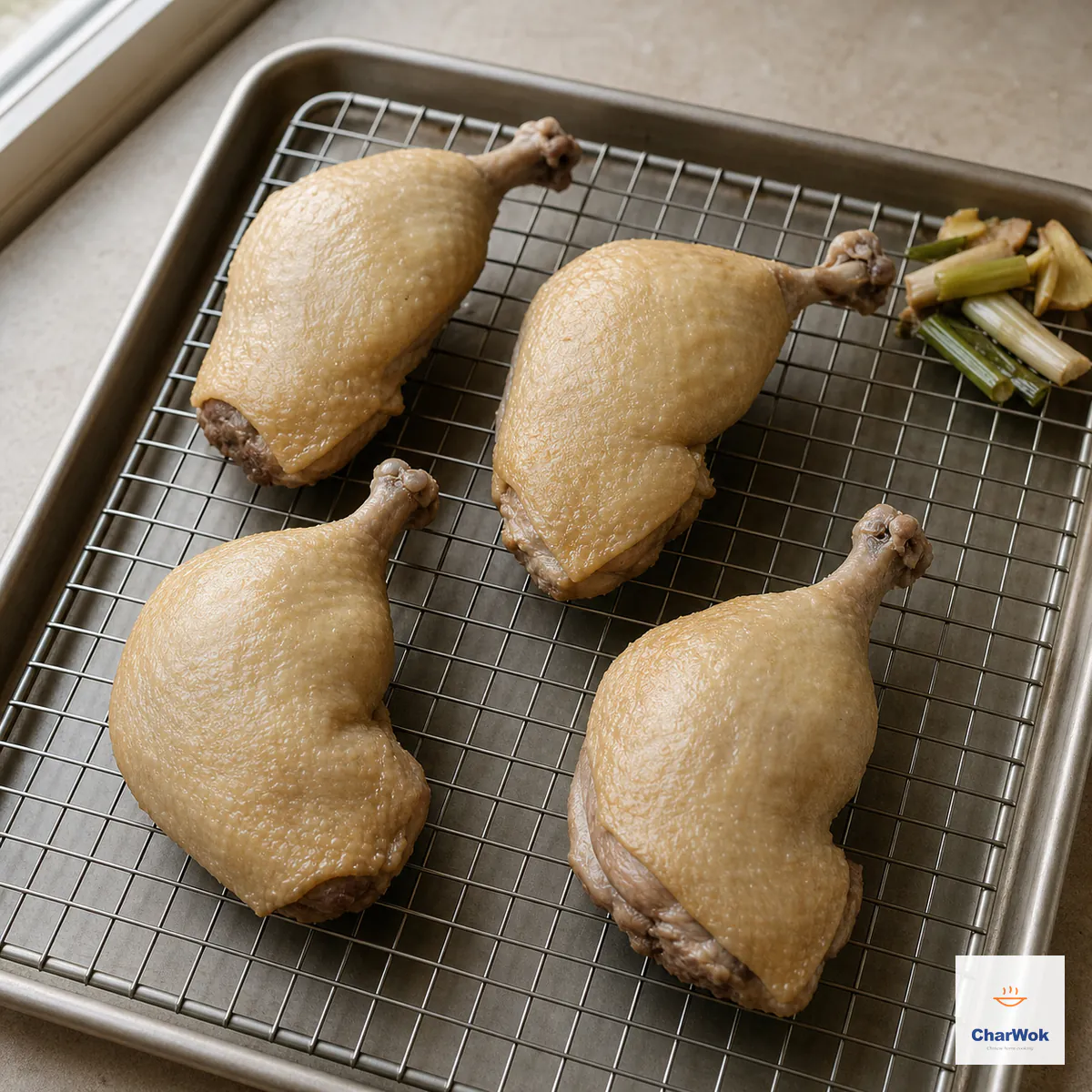 Four steamed duck legs sit on a clean wire rack with pale matte taut skin and no visible surface moisture