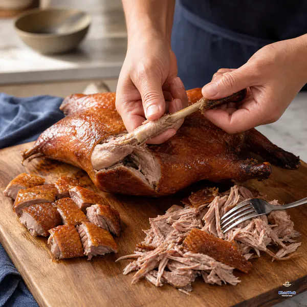 Hands twist a loosened leg bone from rested crispy duck beside chopped pieces and meat shredded with two forks