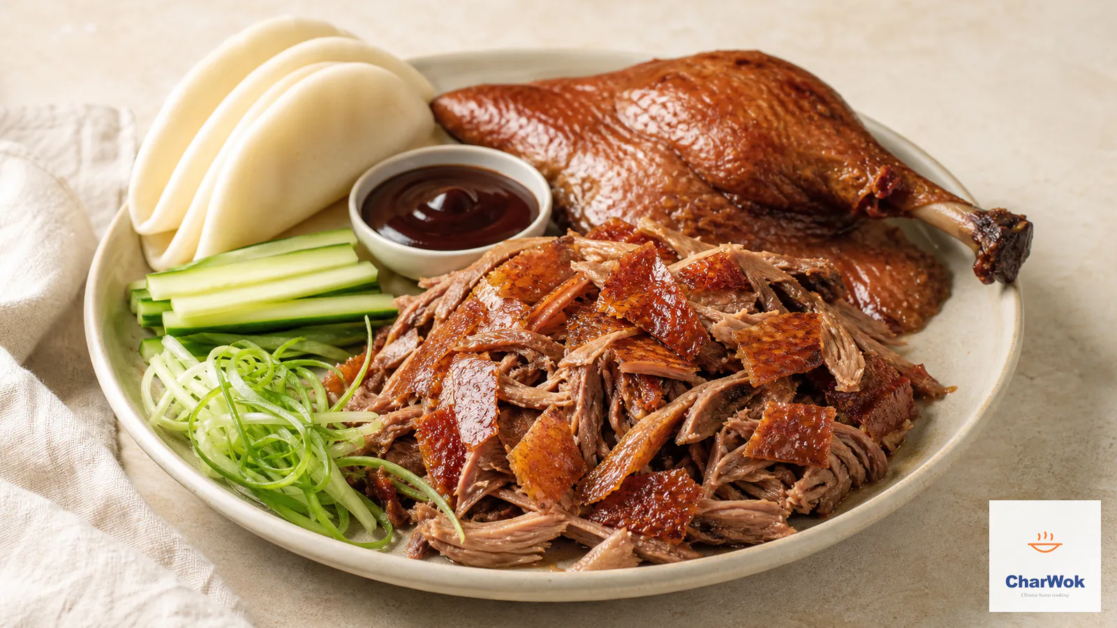 Aromatic crispy duck with shredded meat, crackly skin, bao buns, cucumber, scallions, and dark dipping sauce