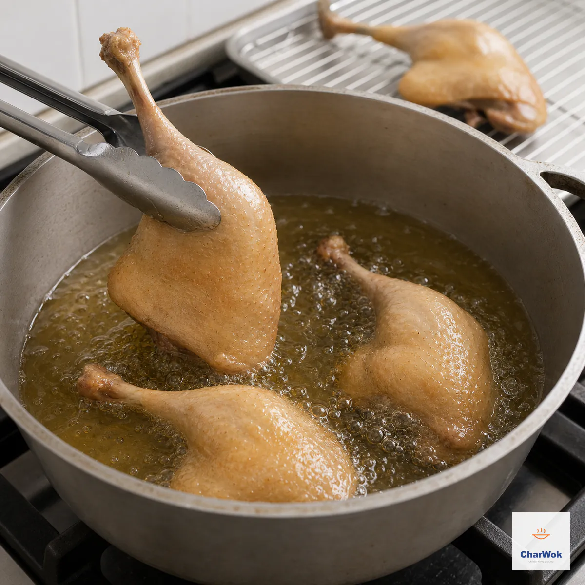 Duck legs fry in steady bubbles at 190 degrees Celsius with light, evenly golden skin only beginning to crisp