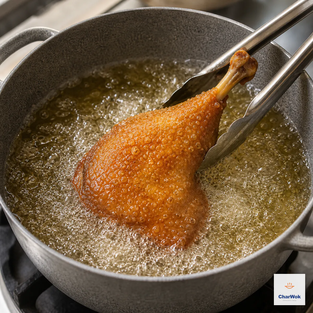 One amber-gold duck leg flash-fries in vigorous bubbles at 200 degrees Celsius with deeply blistered glassy crackly skin