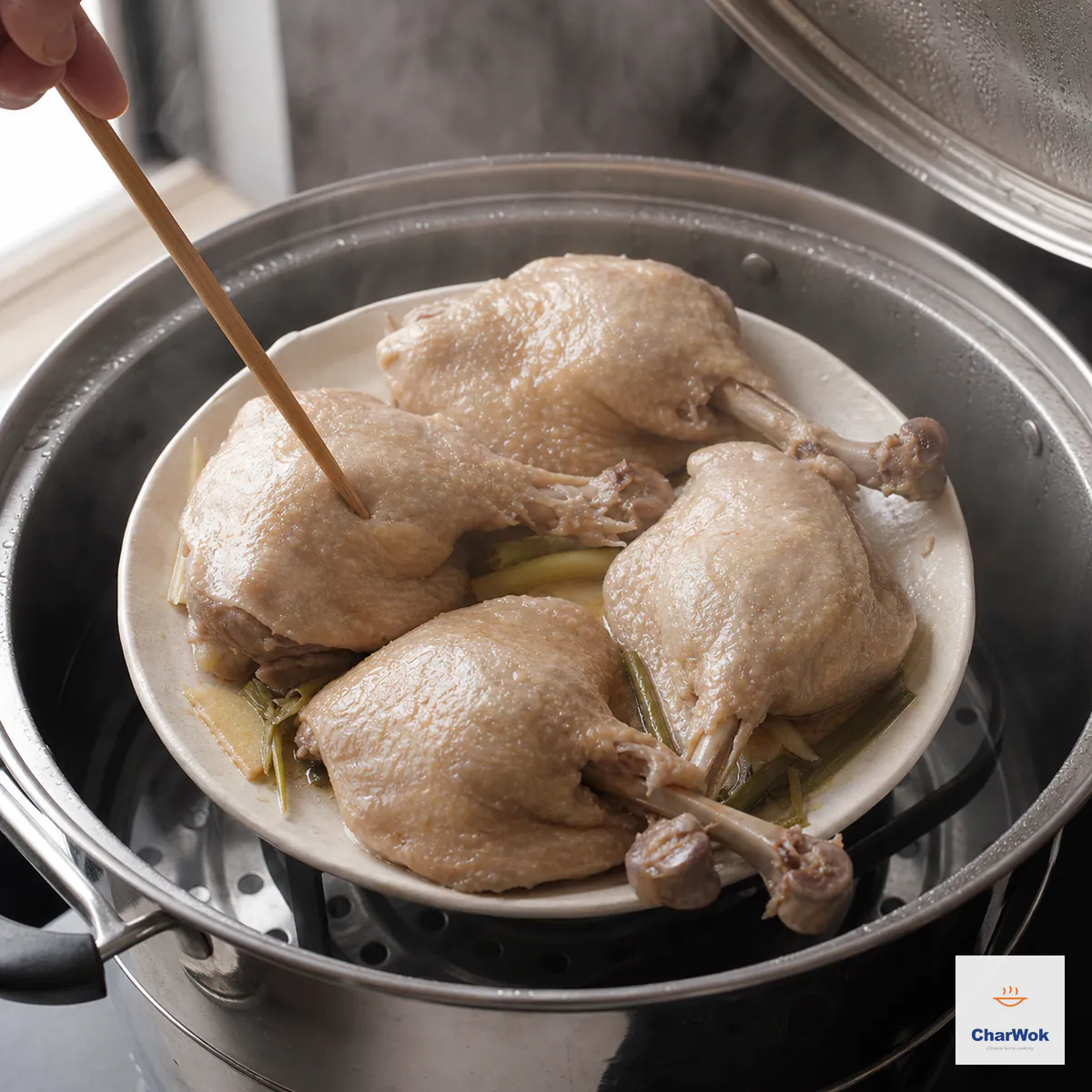 Four pale steamed duck legs sit over a steamer while a chopstick enters the thigh without resistance to show tenderness