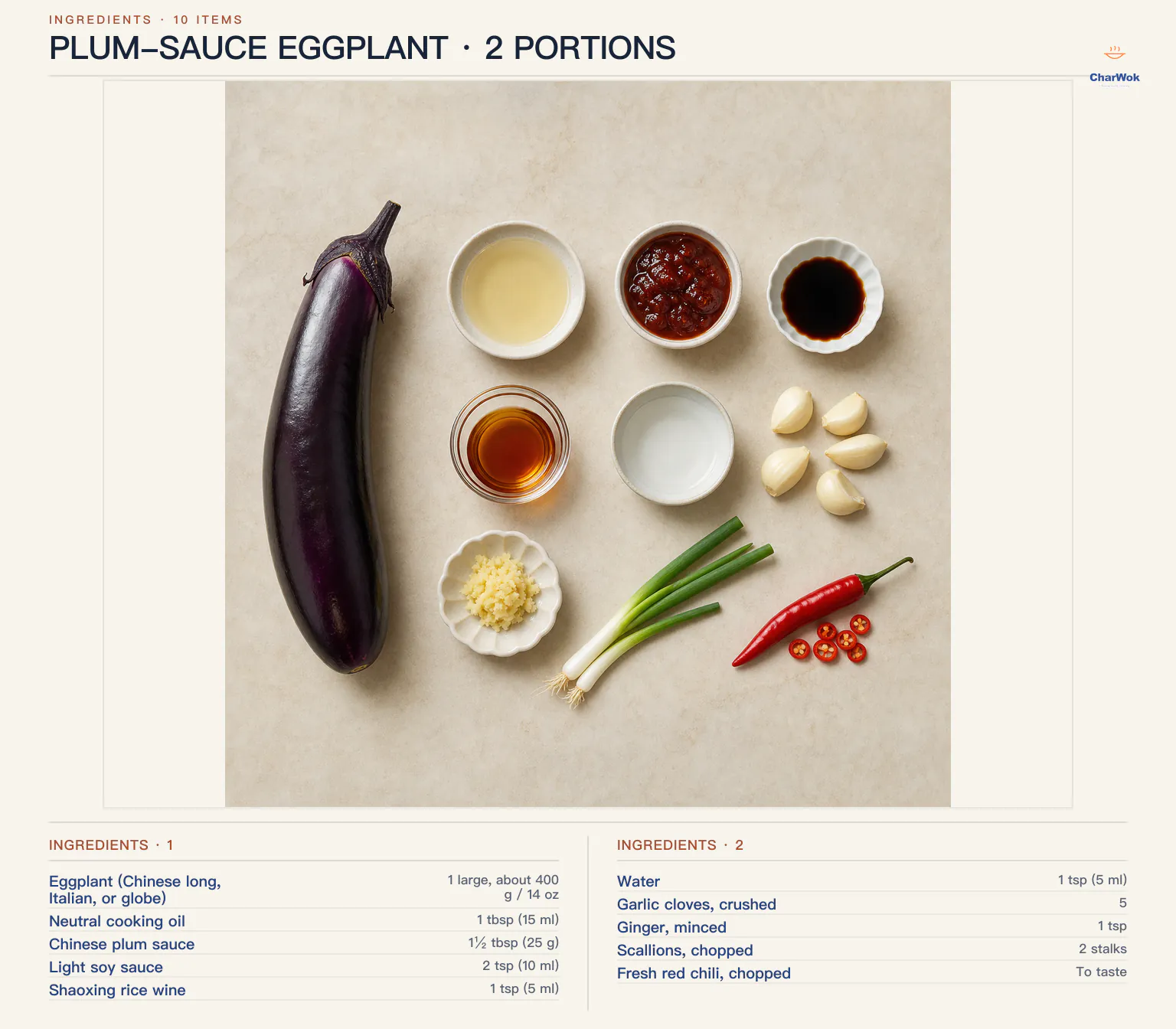 Plum-sauce eggplant ingredients labeled in English: 1 large eggplant about 400 g or 14 oz, 1 tablespoon or 15 ml neutral oil, 1 and a half tablespoons or 25 g Chinese plum sauce, 2 teaspoons or 10 ml light soy sauce, 1 teaspoon or 5 ml Shaoxing wine, 1 teaspoon or 5 ml water, 5 crushed garlic cloves, 1 teaspoon minced ginger, 2 chopped scallions, and fresh red chili to taste