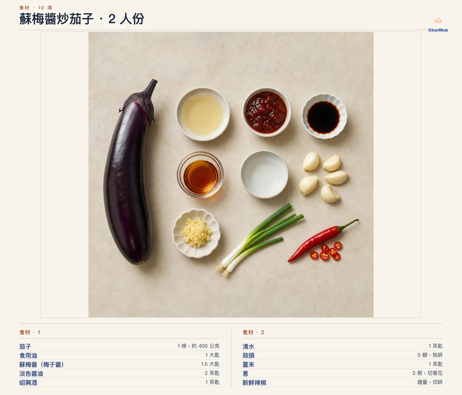 蘇梅醬炒茄子繁中食材圖：1 條約 400 公克茄子、1 大匙食用油、1.5 大匙蘇梅醬、2 茶匙淡色醬油、1 茶匙紹興酒、1 茶匙清水、5 瓣拍碎蒜頭、1 茶匙薑末、2 根蔥與適量新鮮辣椒