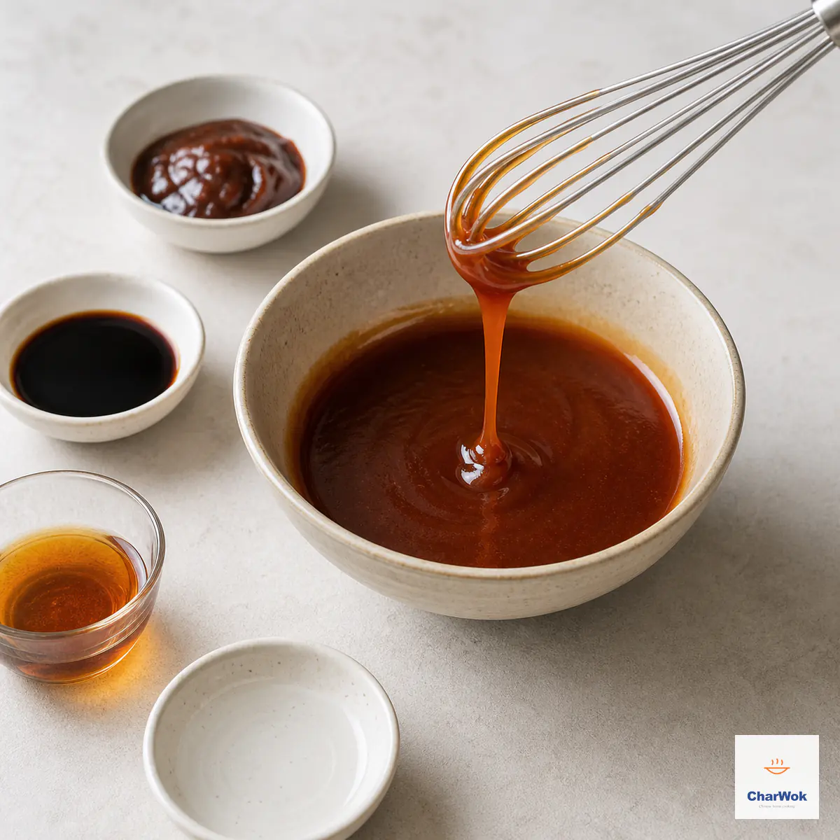 A whisk lifts a smooth glossy ribbon of reddish-amber plum glaze from a cream bowl with no visible lumps