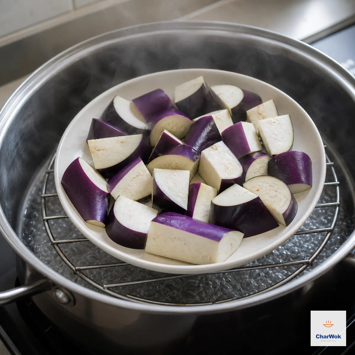 Freshly cut purple eggplant pieces with pale unoxidized flesh sit on a plate above vigorously boiling water in a metal steamer