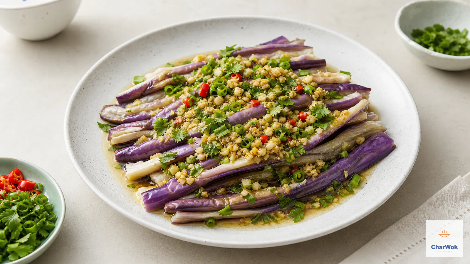 Steamed purple eggplant strips topped with garlic, scallion, cilantro, red chili, and a glossy light-brown dressing on a white plate