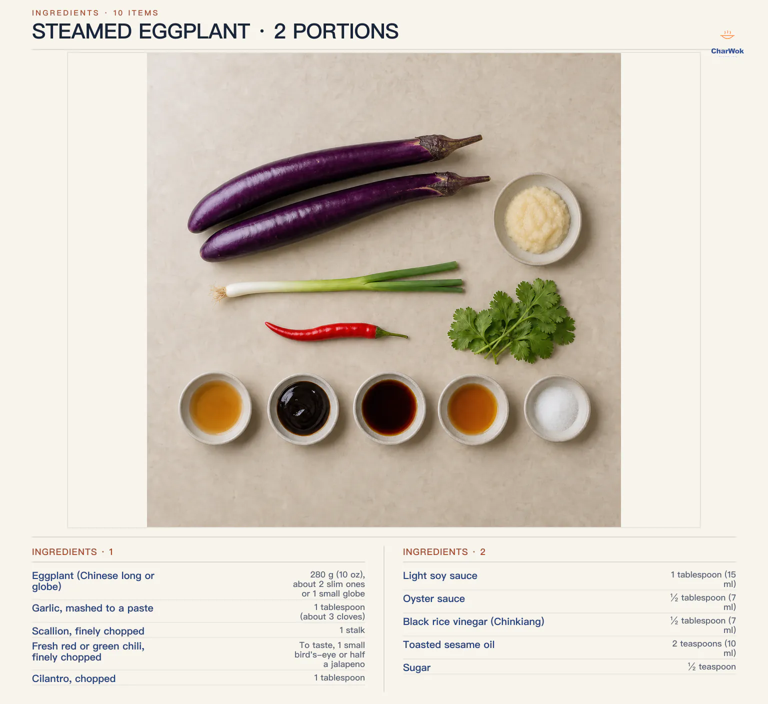 Steamed eggplant ingredients labeled in English: 280 g or 10 oz or about 2 slim eggplants, 1 tablespoon garlic paste from about 3 cloves, 1 scallion, 1 small fresh chili to taste, 1 tablespoon cilantro, 1 tablespoon or 15 ml light soy sauce, half a tablespoon or 7 ml oyster sauce, half a tablespoon or 7 ml Chinkiang black rice vinegar, 2 teaspoons or 10 ml toasted sesame oil, and half a teaspoon sugar