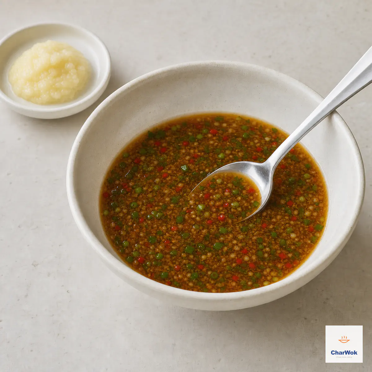 A spoon stirs a light-brown soy and vinegar dressing speckled with garlic, scallion, red chili, and cilantro beside a dish of garlic paste